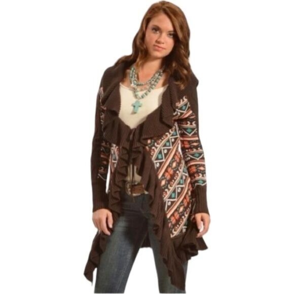 Powder River Outfitters Womens Ruffle Knit Cardigan Size L Brown Southwestern Pr - Picture 4 of 11
